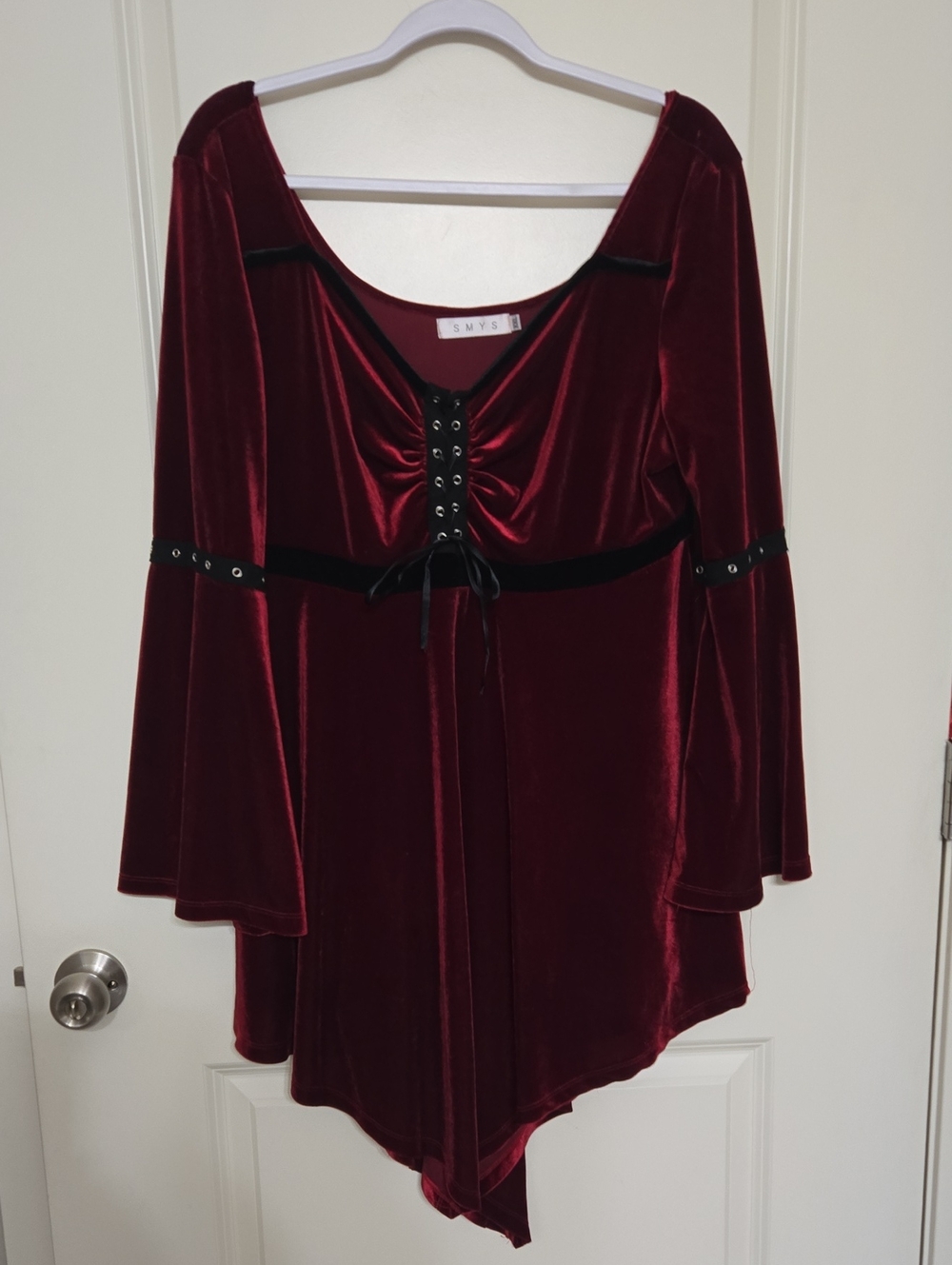 Smythe Wine Velvet Lace-Up Tunic with Bell Sleeves